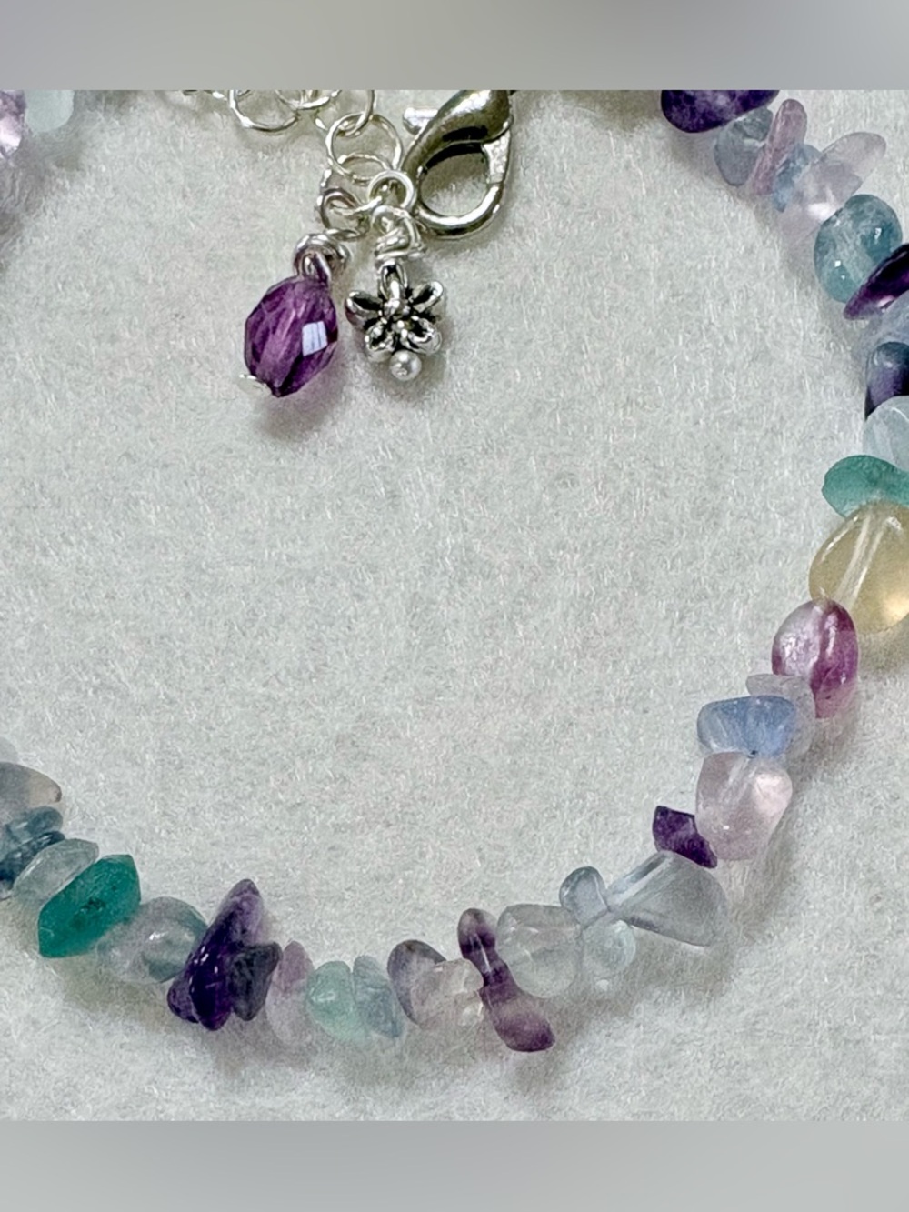 Multicolor Semi-Precious Fluorite Chip Bracelet with Silver Flower Charm